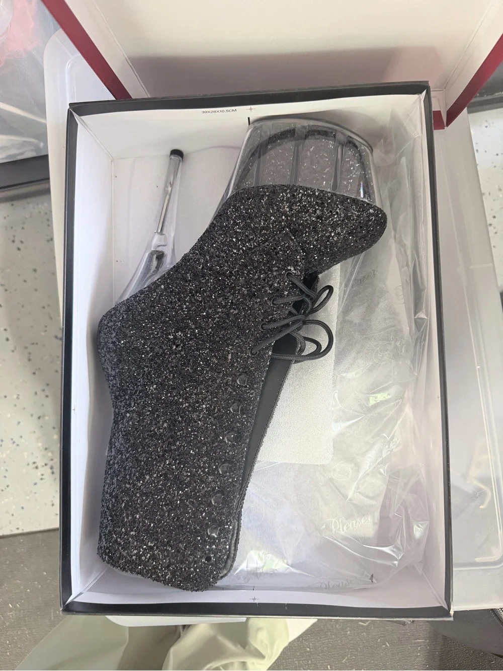 Pleaser Black Glitter Lace-Up Clear Platform Ankle Boots